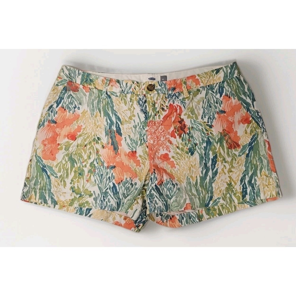 Old Navy Cotton Chino Shorts Tropical Reef Women Sz 10 34" Pockets Mid-Rise #131